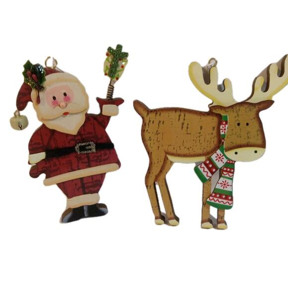 Other - Xuan Wei Craft Manufactory 3D Christmas Wooden Ornaments Santa Reindeer Lot Of 2